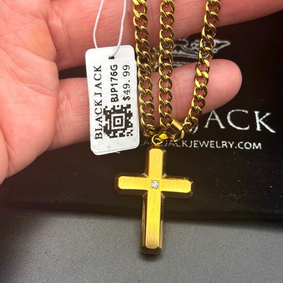 Blackjack BJP176G Mens Gold Stainless Steel Cross Pendant Necklace With CZ NIBWT - Picture 5 of 17